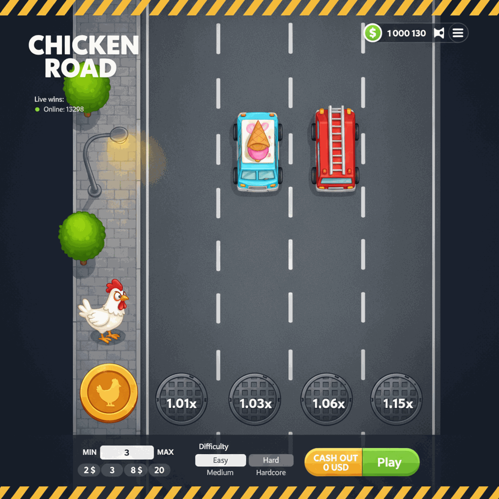Chicken Road Crash-Spiel: eine weiße Cartoon-Henne überquert mehrspurige Straße von oben, Multiplikatoren auf Gullydeckeln, Autos als Hindernisse, neonbeleuchtete Stadtumgebung bei Nacht